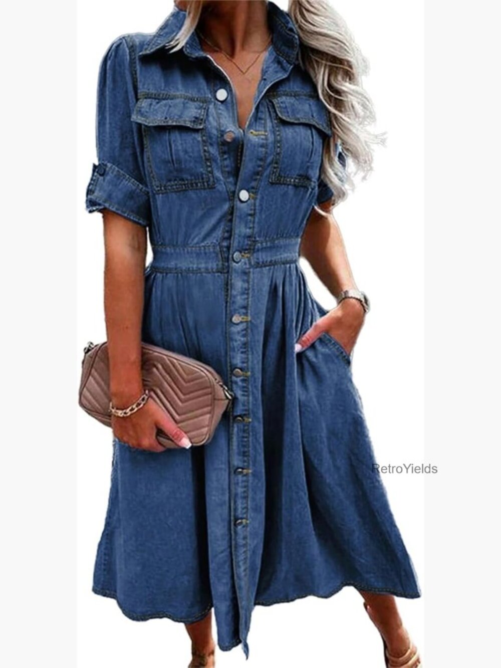 Denim Shirt Dress V-Neck Short Sleeve A-Line with Pockets